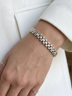 Platinum Plated Watch Band Style Link Bracelet with CZ Accents | Silver Tone